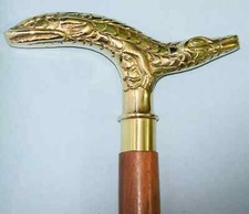 Golden Finish Crocodile Head Handle Victorian Wooden Walking Stick