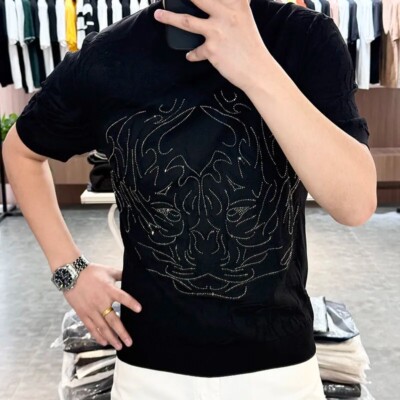 New Fashion Trend Abstract Diamond Rhinestone Knitted Summer Luxury Men T-Shirt