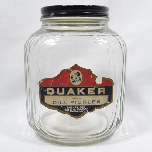 Vintage Dill Pickle Glass Jar Quaker Lee & Cady Grocers Michigan Paper Label