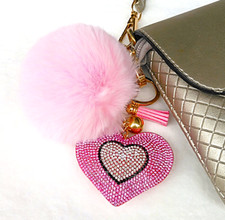 Stylish Big HEART Clip On KEY RING Pink PURSE CHARM Puff TASSEL Valentine Chain