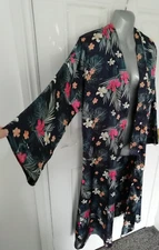 V by Very 14 Navy Blue Pink Floral Silky Long Open Kimono Jacket Blouse Top