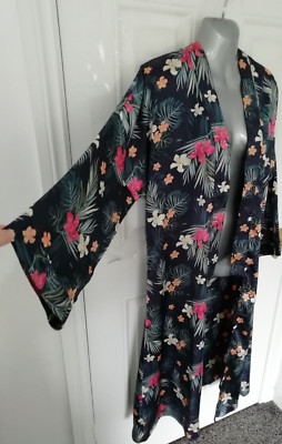 V by Very 14 dunkelblau rosa Blumen seidig lang offen Kimono Jacke Bluse Top