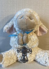 Ganz  God Bless This Child  Praying Lamb w/ Crib Cross Cream Blue Ribbon Lovey