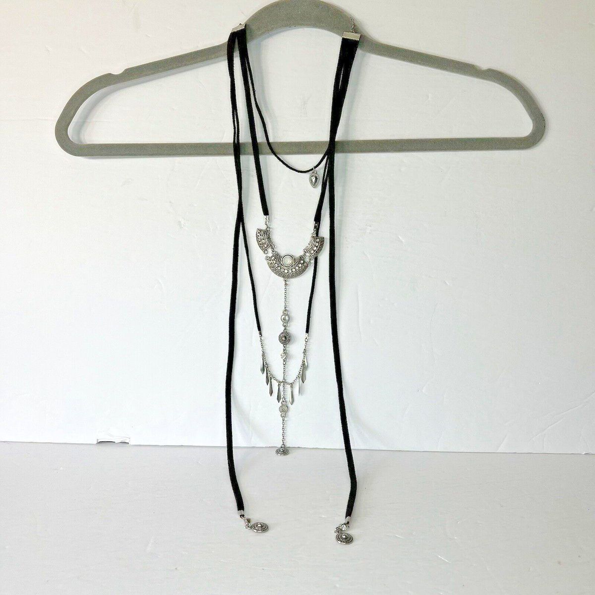 Multi-strand Faux Suede Choker Necklace w/ Tassels Boho Coastal