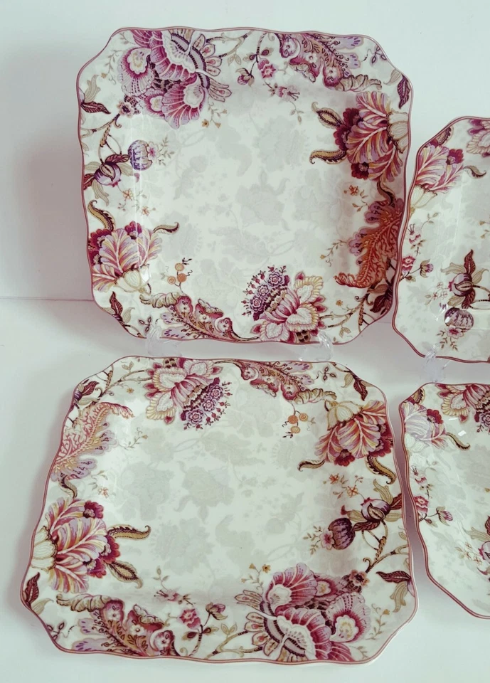 4 GABRIELLE Jacobean Floral Cream 222 Fifth Dinner Salad Scalloped Square Plates - Image 2 of 4