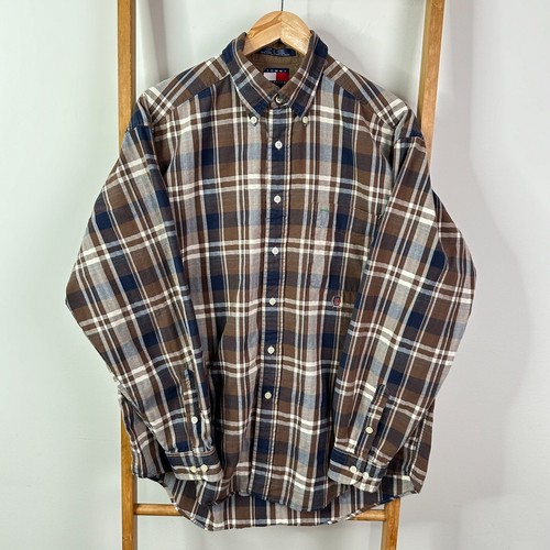 Vintage Tommy Hilfiger Button Down Shirt Mens Large Brown Checkered 90s Flag
