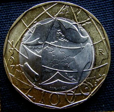 1997 Italy bi-metallic coin 1000 lire UNC error variety two Germany