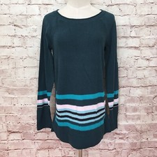 T by Talbots Womens Teal Cotton Blend Knit Pullover Sweater Striped Size S NEW