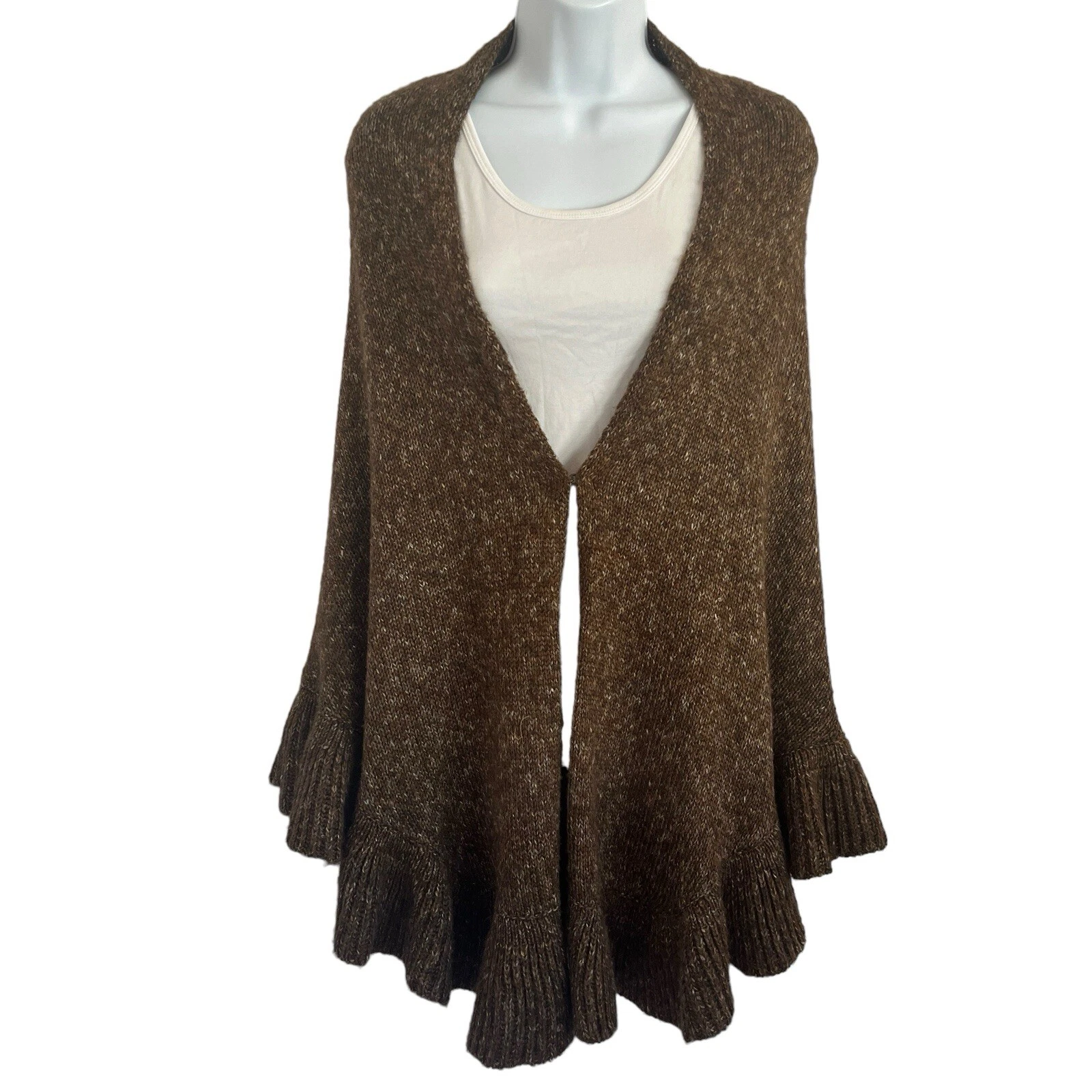 Cabi Poncho Sweater Shawl Ruffle Hem Brown Marled Knit One Size Boho Hippie Y2K