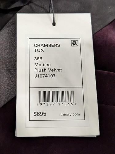 $ 695 Herren Boss Theory "Chambers" Samt schmale Passform Abendessen Jacke Malbec US 36R - Bild 8 von 8
