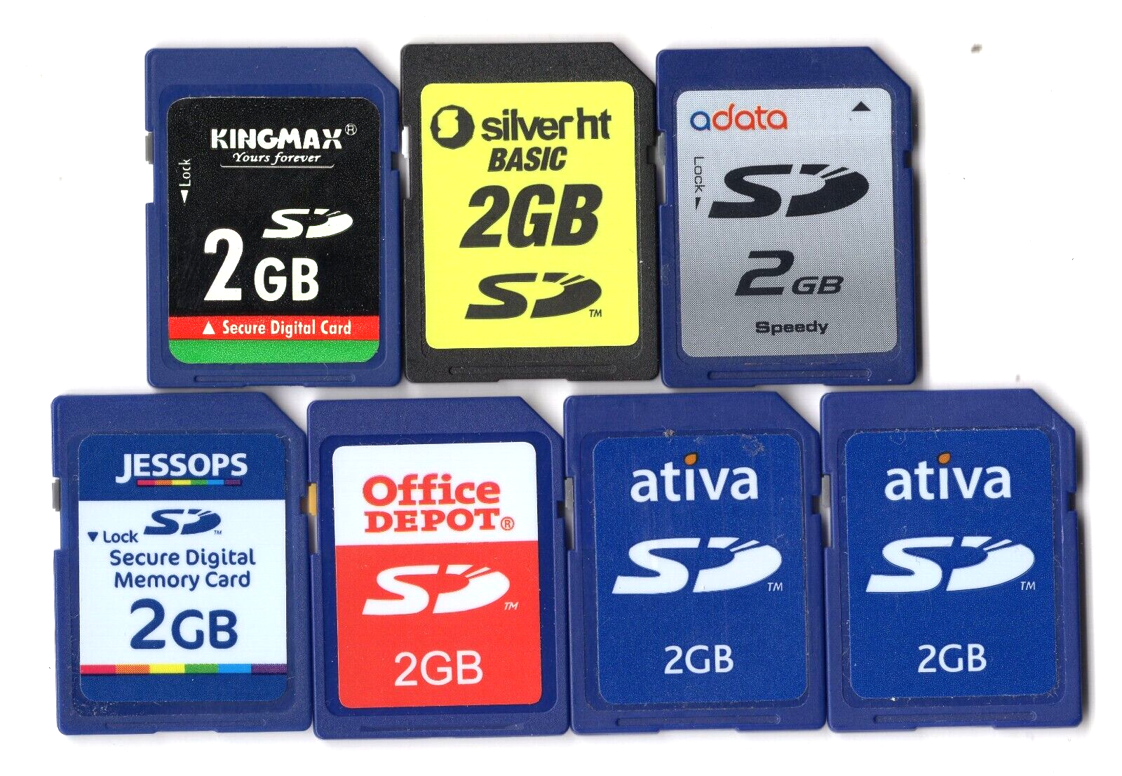Lot Of 7x Ativa / ADATA / Office Depot 2GB SD Camera Memory Cards