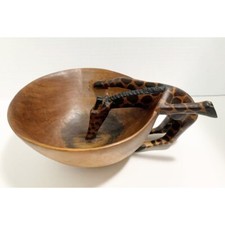 GIRAFFE Hand Carved WOOD Wooden Drinking out of Bowl Wood Decor