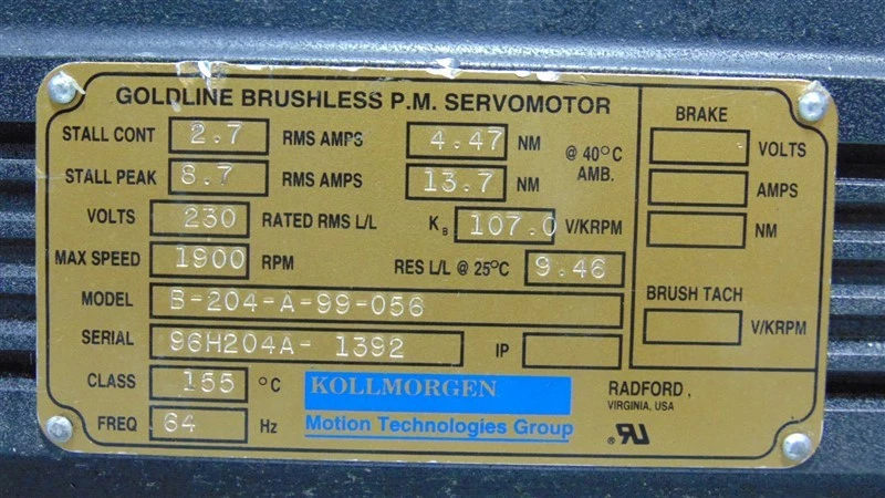USED Kollmorgen B-204-A-99-056 Goldline Brushless PM Servo Motor - Image 3 of 3