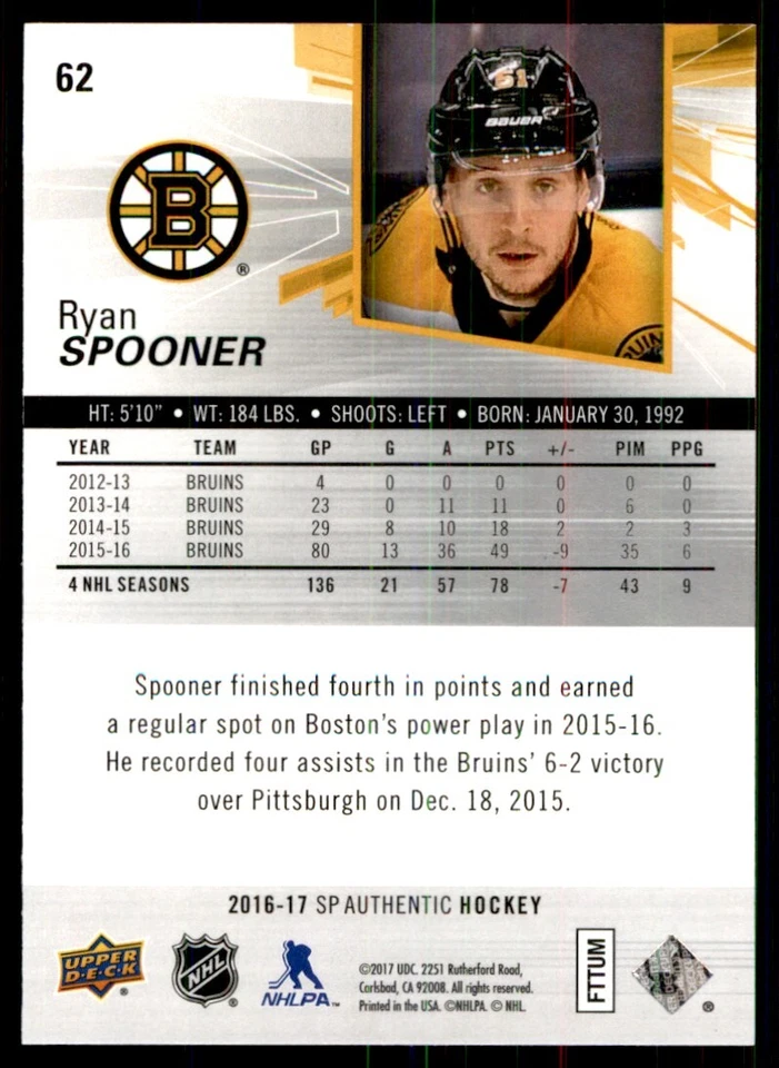 2016-17 SP Authentic Ryan Spooner Boston Bruins #62 - Image 2 of 2