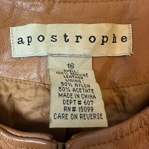 apostrophe 100% leather jacket Size 16 full zip caramel brown moto - Picture 3 of 5