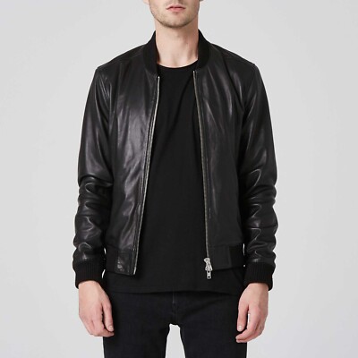 Neu Herren Original Schwarz Lammleder Biker Bomberjacke Stil für Männer