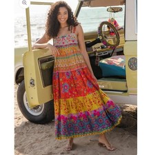 Natural Life Patricia Maxi Dress - Red Mustard Border Size Small has Pockets