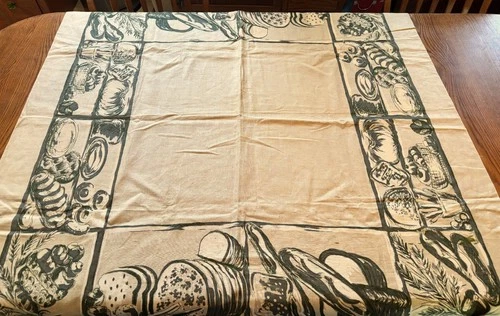 Sweet Vintage Deadstock Linen Bread & Food Print Tablecloth 44" by 50"
