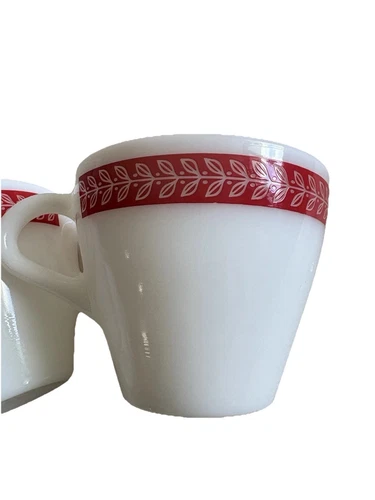 Pyrex Corning Vintage Red Laurel Leaf Milk Glass Coffee Mug Cup heavy set of 3