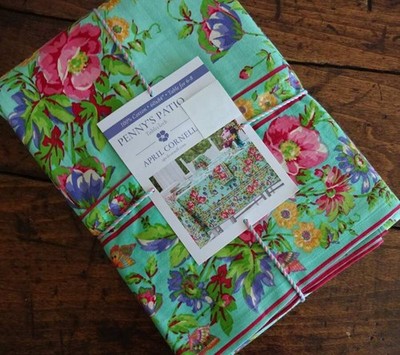 APRIL CORNELL Penny's Patio TEAL PINK Multi FLORAL COTTON TABLECLOTH
