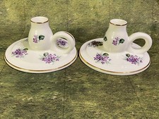 Pair Vintage Lord Nelson Pottery Chamberstick Candle Holders Violet Floral 3710