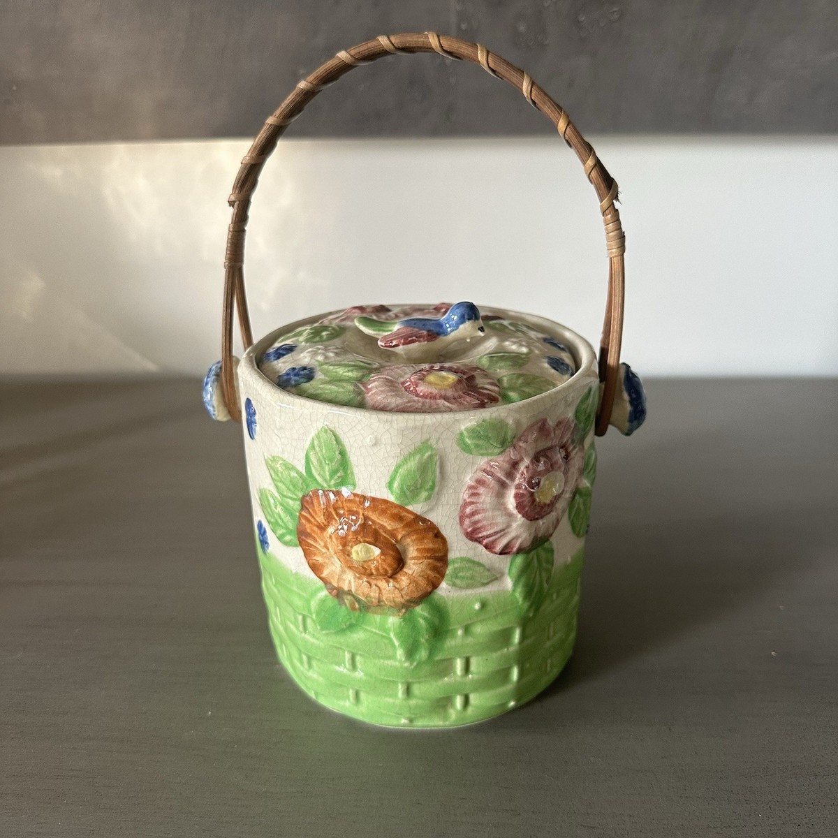 Vintage Japan Hand Painted Majolica Lidded Biscuit Jar with Bird