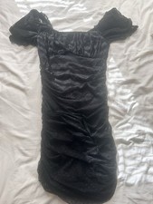 Windsor Black Mesh Polka Dot Ruched Puff Sleeve Bodycon Dress Square Neck S