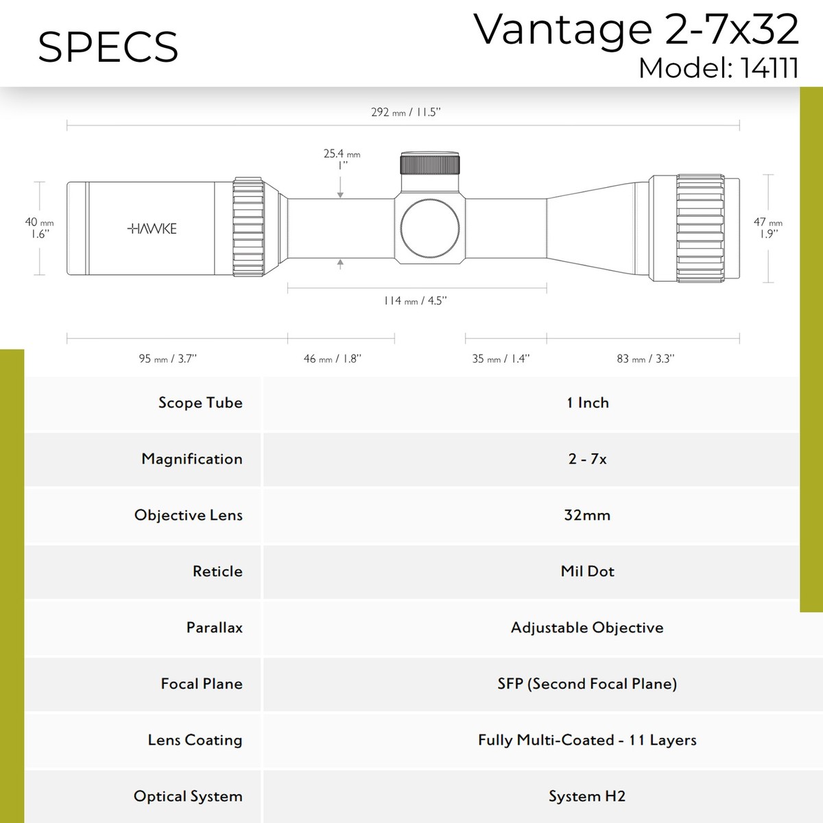 Hawke Vantage 2-7×32 AO Mil Dot Rifle Scope - 14111 for sale