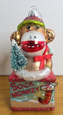 Kurt Adler Sock Monkey Jack in the Box Christmas Ornament Blown Glass 6" Tall