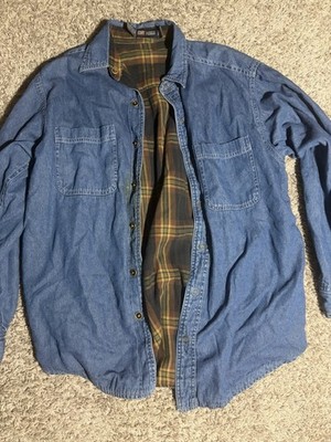 Faded Glory Mens Denim Flannel Lined Shirt Jacket Snap Front Blue Size L