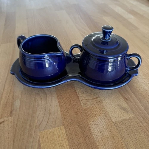 Homer Laughlin HLC Fiestaware Cobalt Blue Creamer & Covered Sugar w/ Tray