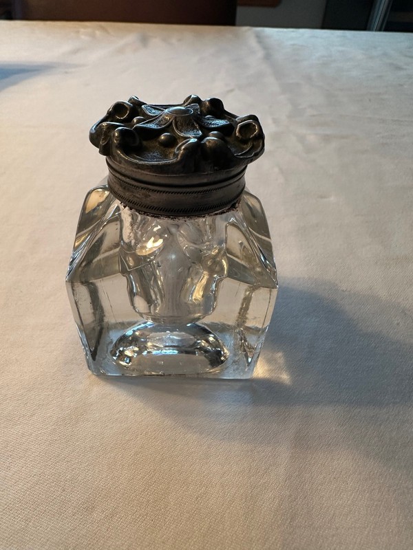 Antique Pewter and Glass Art Nouveau Desk Inkwell w/Floral Hinged Lid c. 1900's