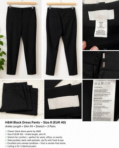 H&M Black Slim Fit Ankle Dress Pants Stretch Pockets Twill 26" Inseam