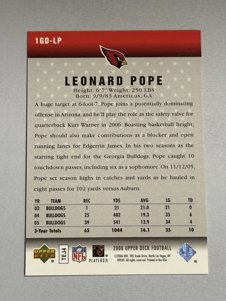 Leonard Pope 2006 Upper Deck Gridiron Debut Arizona Cardinals #1GD-LP   P636 - Image 2 of 2