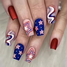 4th of July Press on Nails Medium False Nails with Star Glitter Designs Coffin