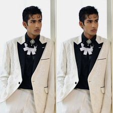 Formal Wedding Groom Suits Peak Lapel Coat White Appliques Prom Party Jacket