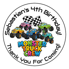 12 Personalized Monster Trucks Birthday Party Stickers Favors Labels tags 2.5"