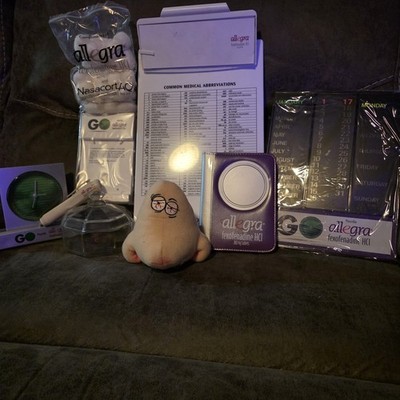 Vintage Allegra Pharma Drug Rep Promo Swag Lot of 8 Clock, Plush, Portfolio