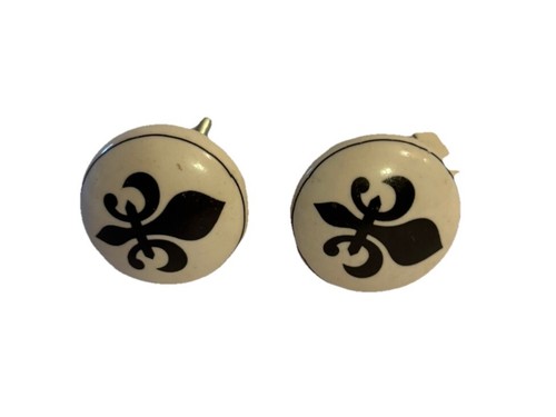 Drawer Pull Black Fleur De Lis Cabinet Knob Ceramic 1.5” Set Of 2 Black & White - Picture 3 of 11