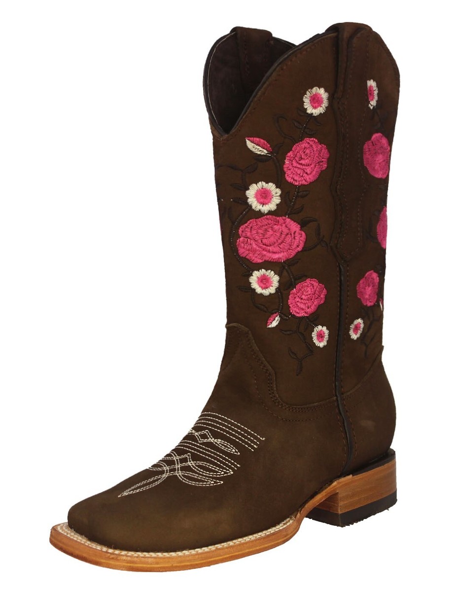 Womens Western Boots Brown Leather Rose Embroidered Square  display picture 3