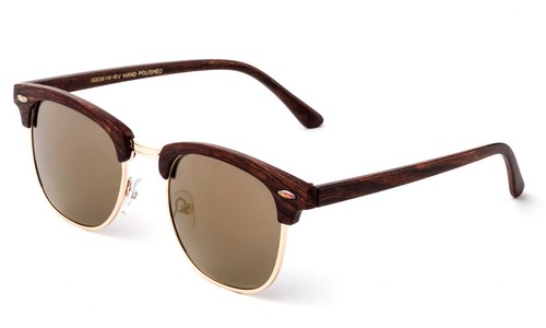 Half Wood Style Frame Sunglasses Flash Mirror Round Lens with Faux Leather Case - Picture 6 of 16