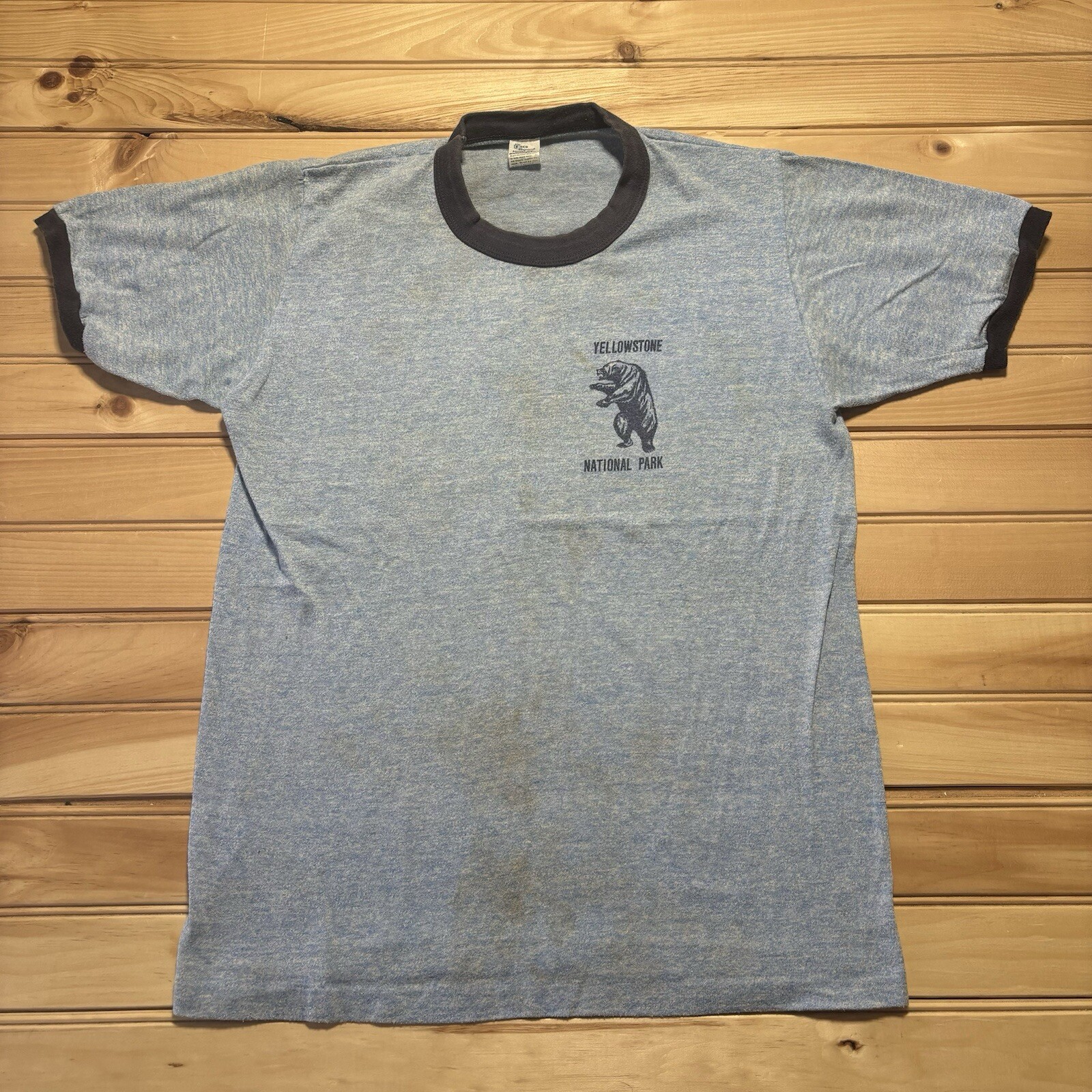 Vintage 80s Yellowstone National Park Grizzly Bear Ringer Shirt Size Medium Blue
