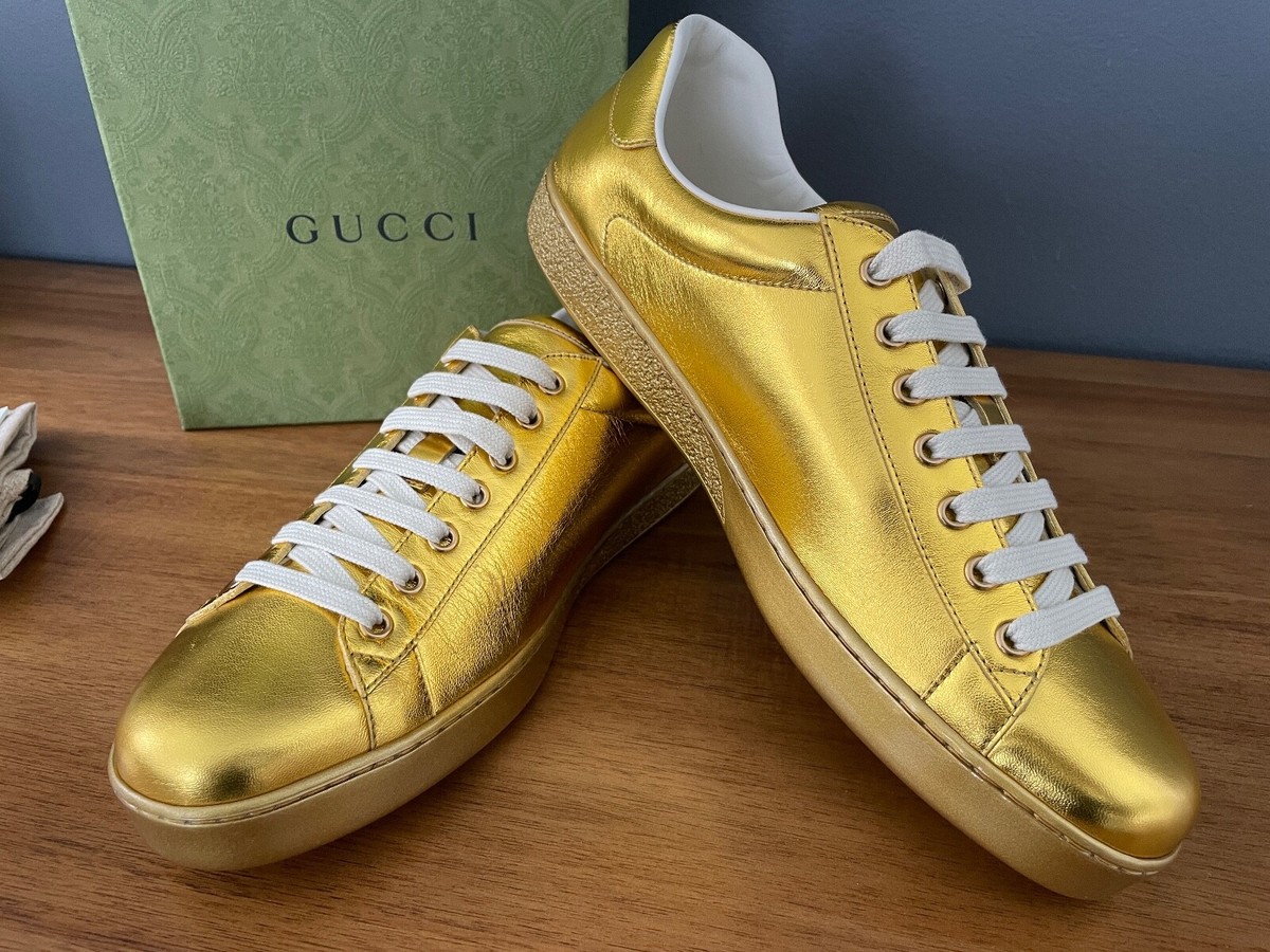 Gucci Women's 661035 ACE Metallic Gold Leather Sneakers Size Gucci Women's 661035 ACE Metallic Gold Leather Sneakers Size