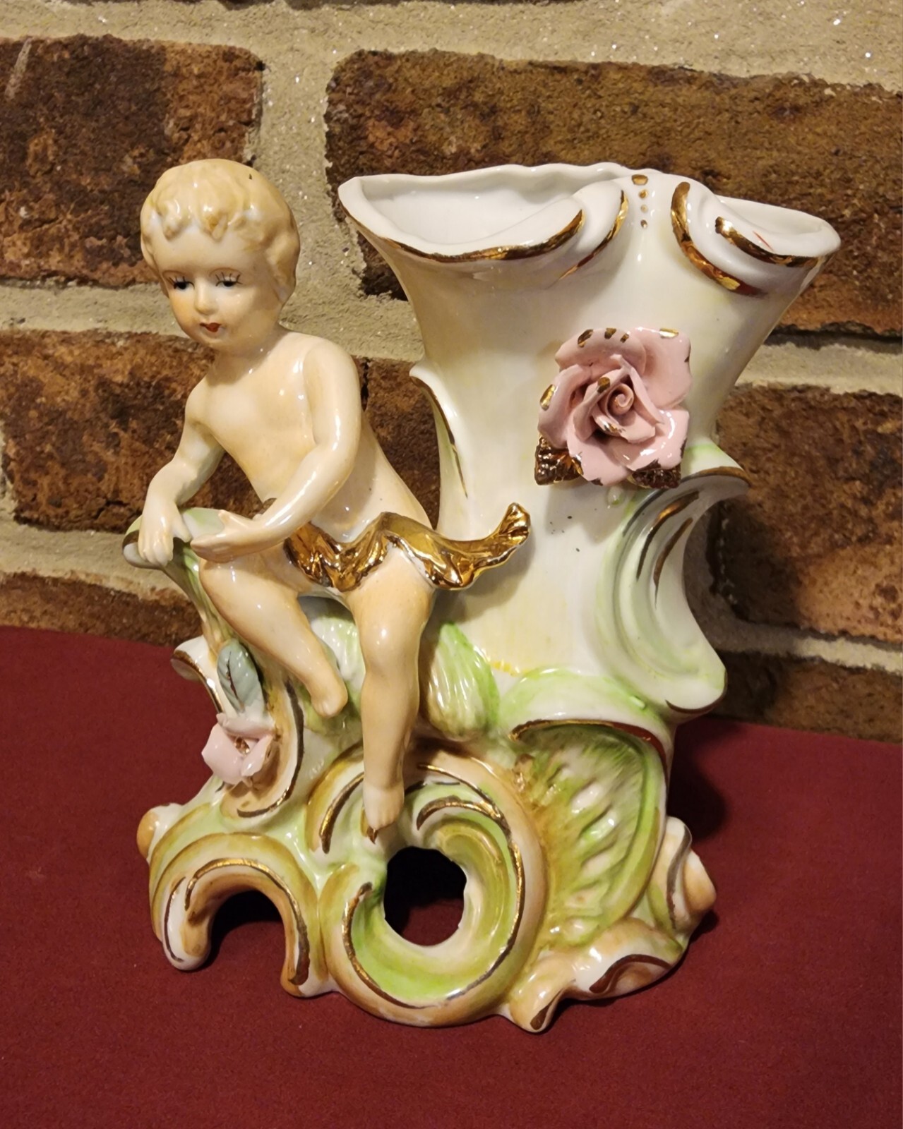 Vintage Ceramic Hand Painted Cherub Vase With Gold Trim