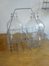 Antique Metal Four Milk Bottles Carrier w Two 1/2 Gallon Glass Bottle Farm Dairy