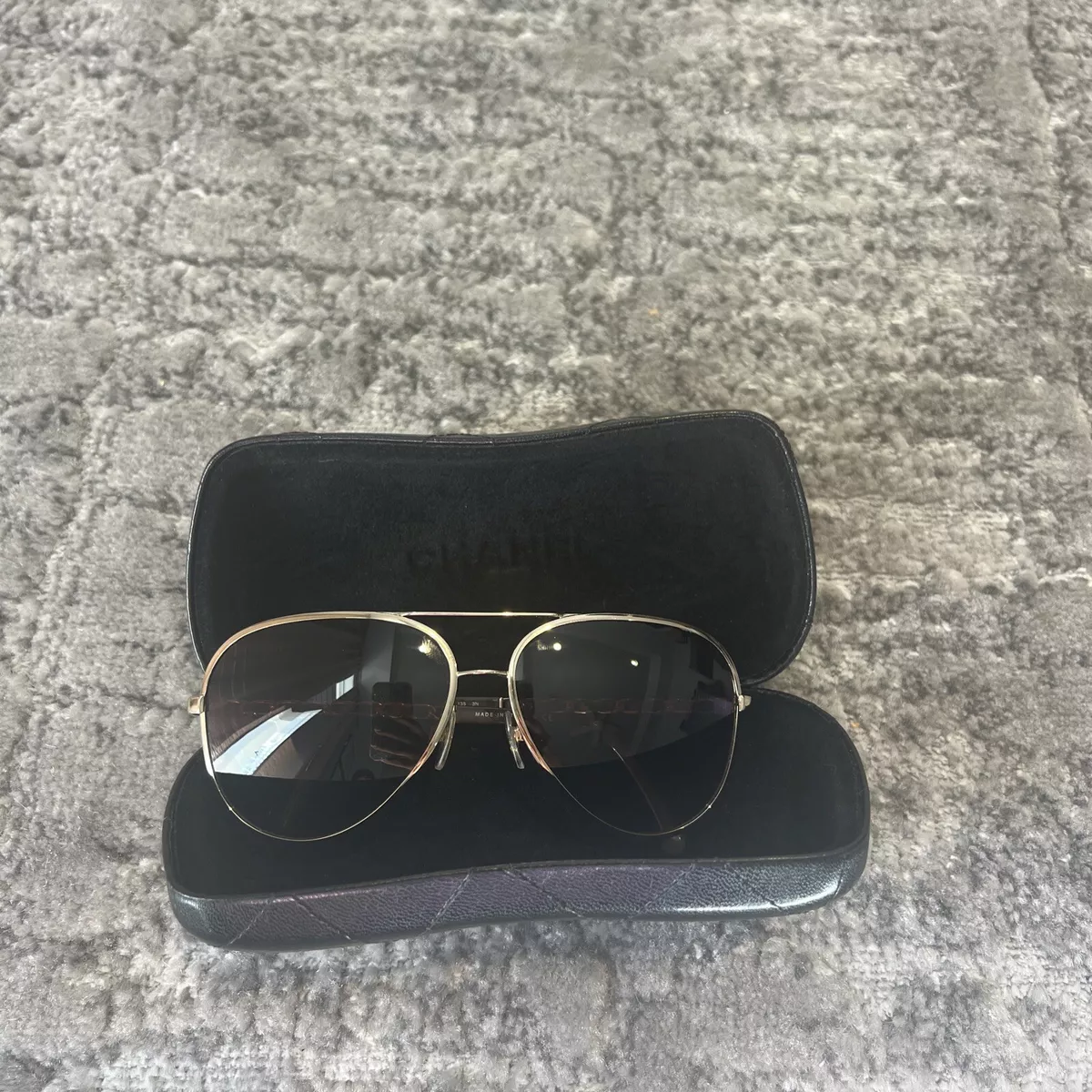 authentic Chanel Aviator sunglasses gold/brown with braid on arms with Case