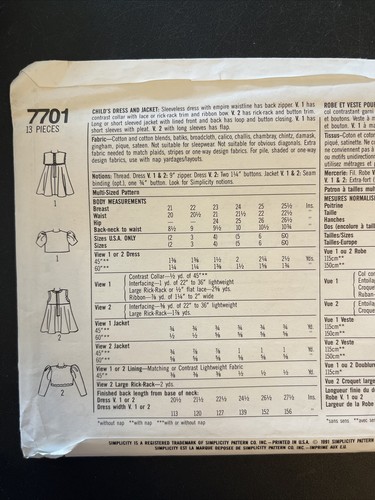 Simplicity Sewing Pattern Dress Jacket 5 6 6X Childs New Uncut 7701 Vintage - Picture 3 of 7