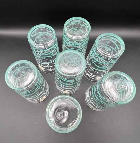 Vintage Libby Atomic Türkis Blau/Weiß Band Glas Becher Original Aufkleber - Bild 9 von 13