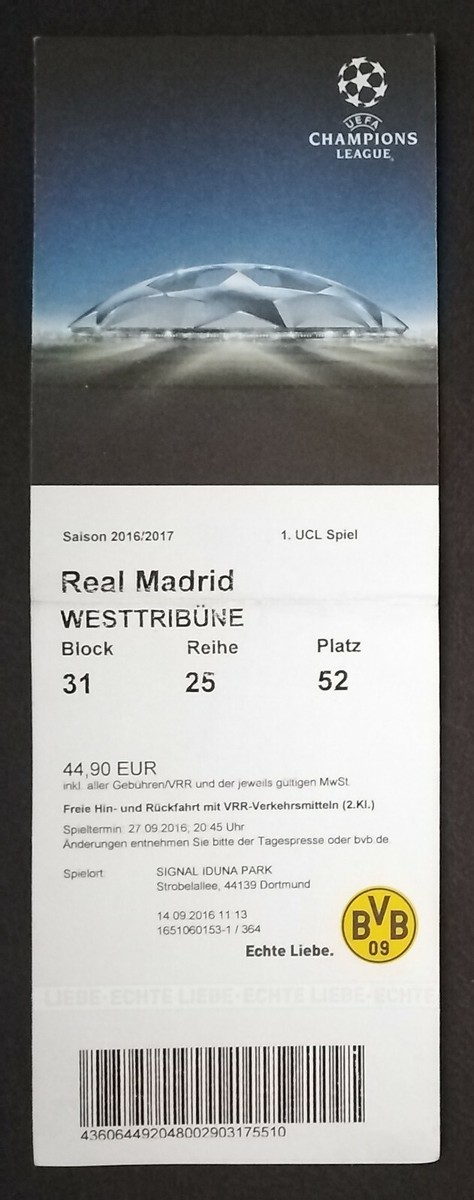 TICKET UEFA CL 2016/17 Borussia Dortmund - Real Madrid 