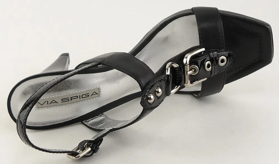 Via Spiga Quórum Cuero Negro T- Tira Abrochado Diseñador Sandalias 6.5 De M - Imagen 3 de 4